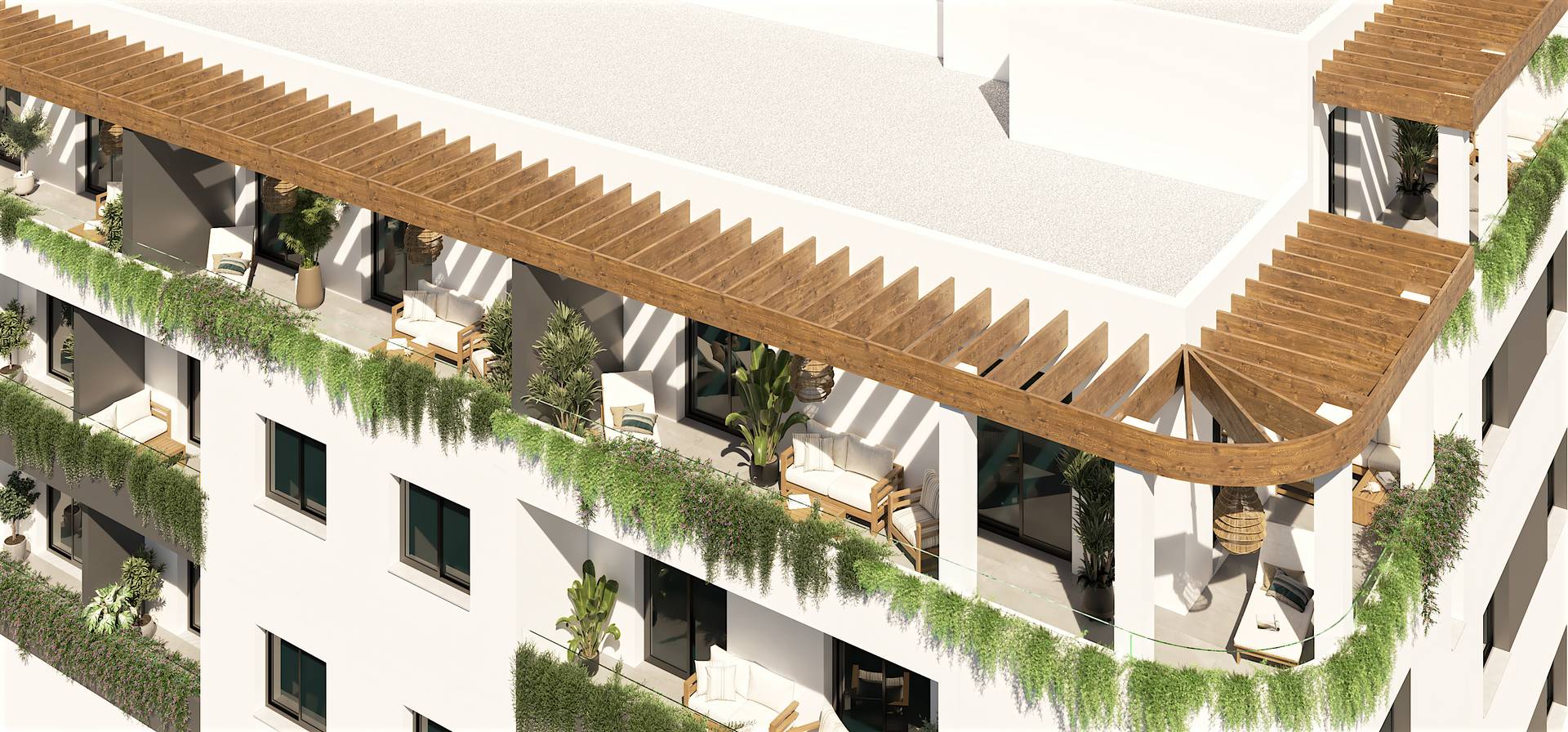 Illustrative upper terraces and exterior of an apartment building