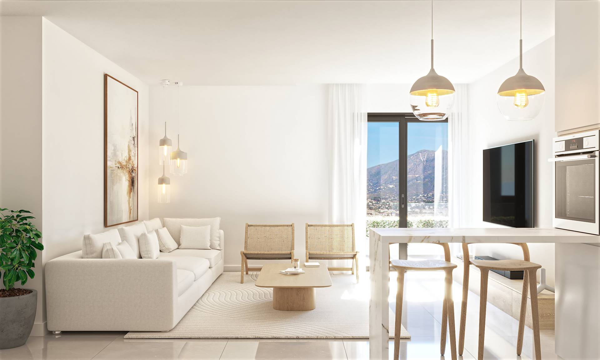 Illustrative open living and dining room