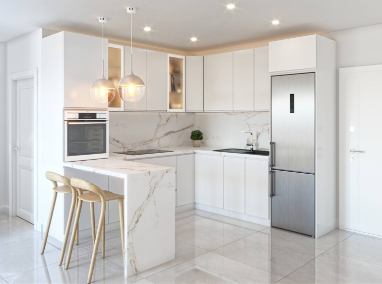Illustrative fitted kitchen with breakfast counter