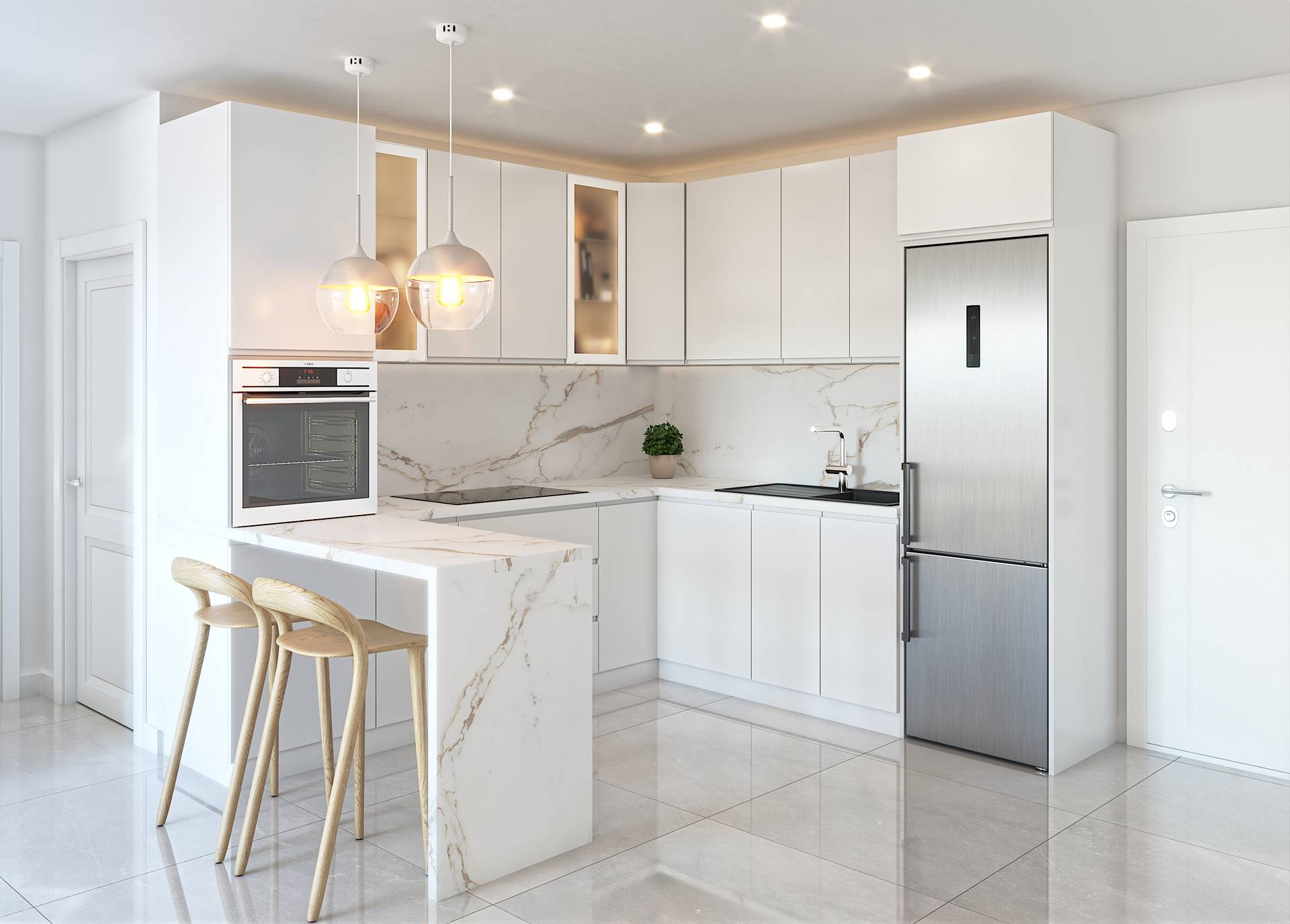 Illustrative fitted kitchen with breakfast counter
