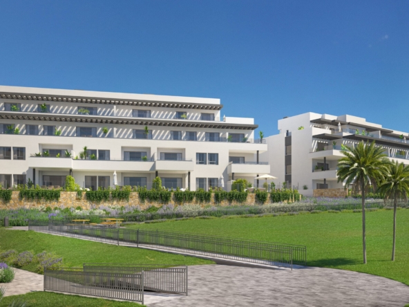 Illustration of apartment buildings and landscaped gardens