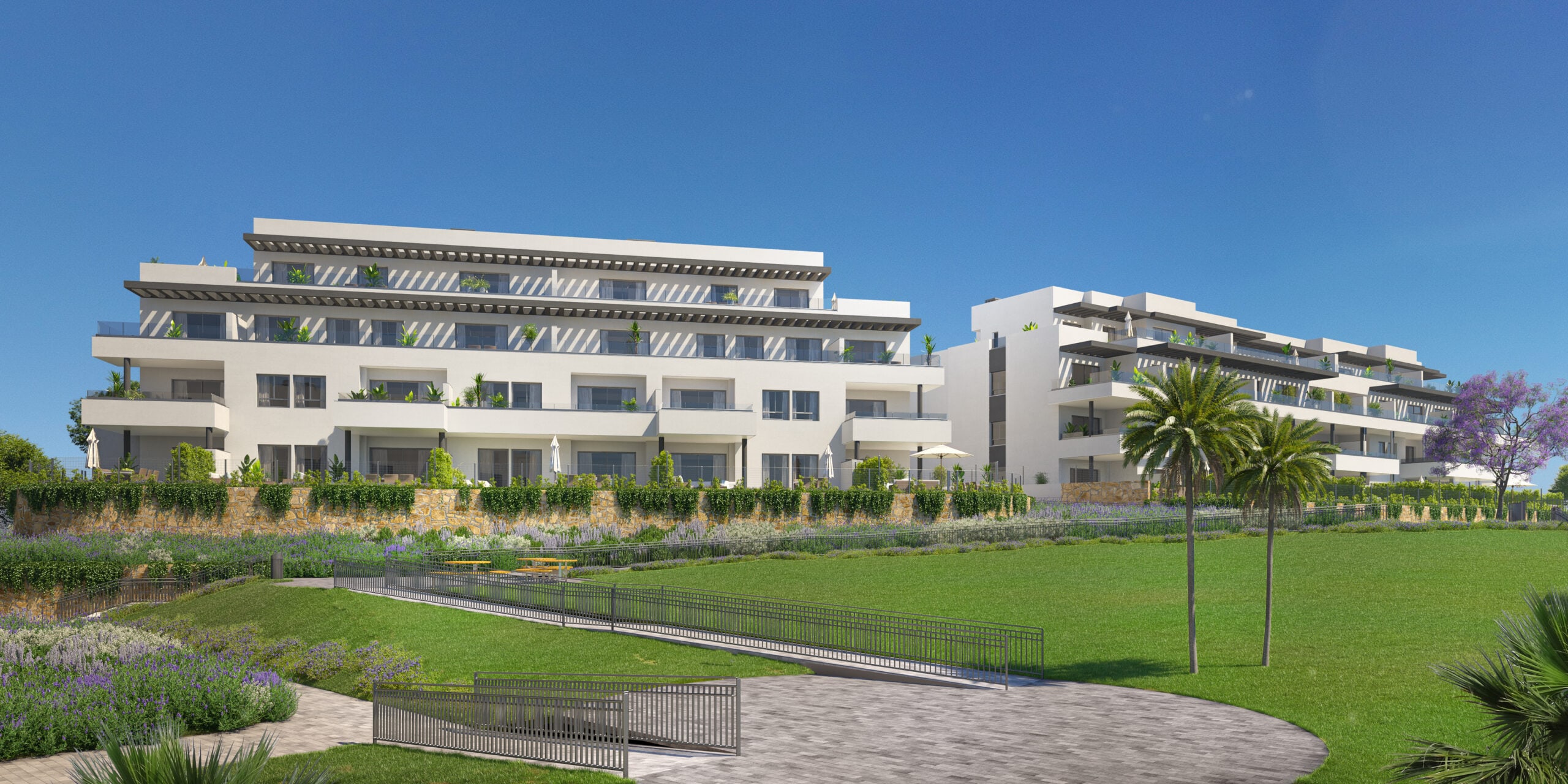 Illustration of apartment buildings and landscaped gardens