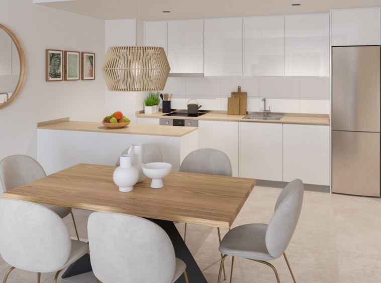 Illustration of a fitted kitchen and dining area
