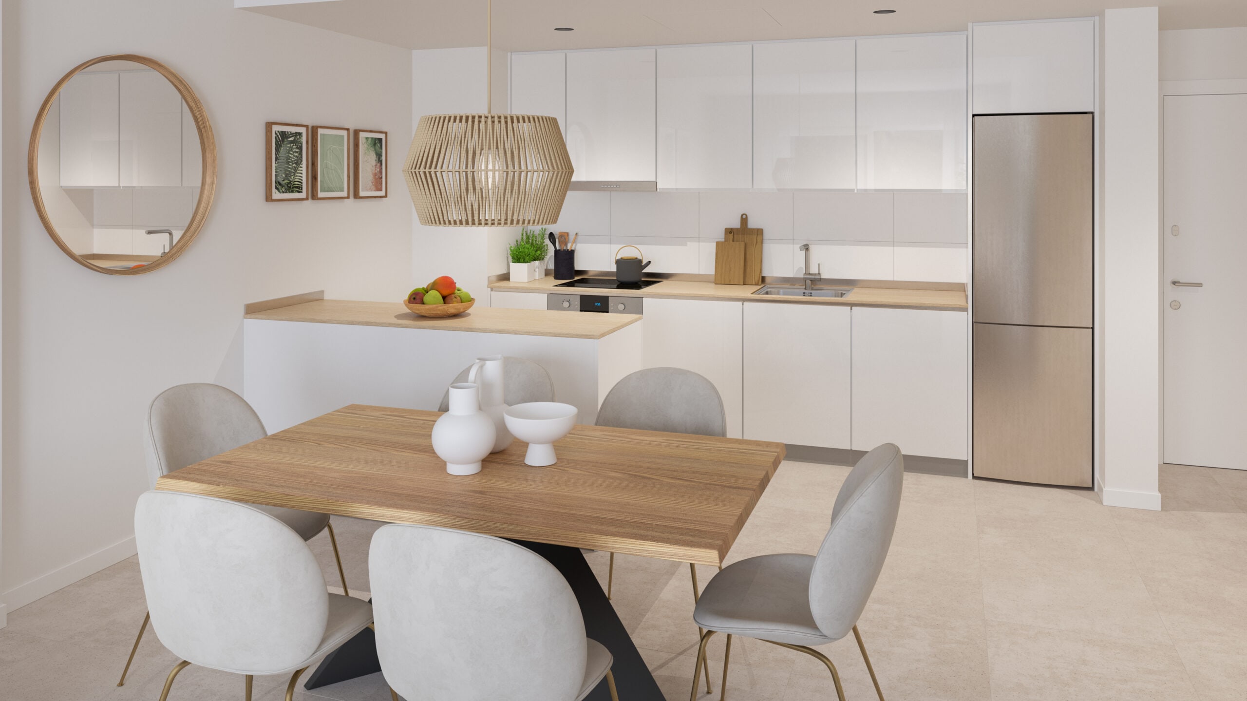 Illustration of a fitted kitchen and dining area