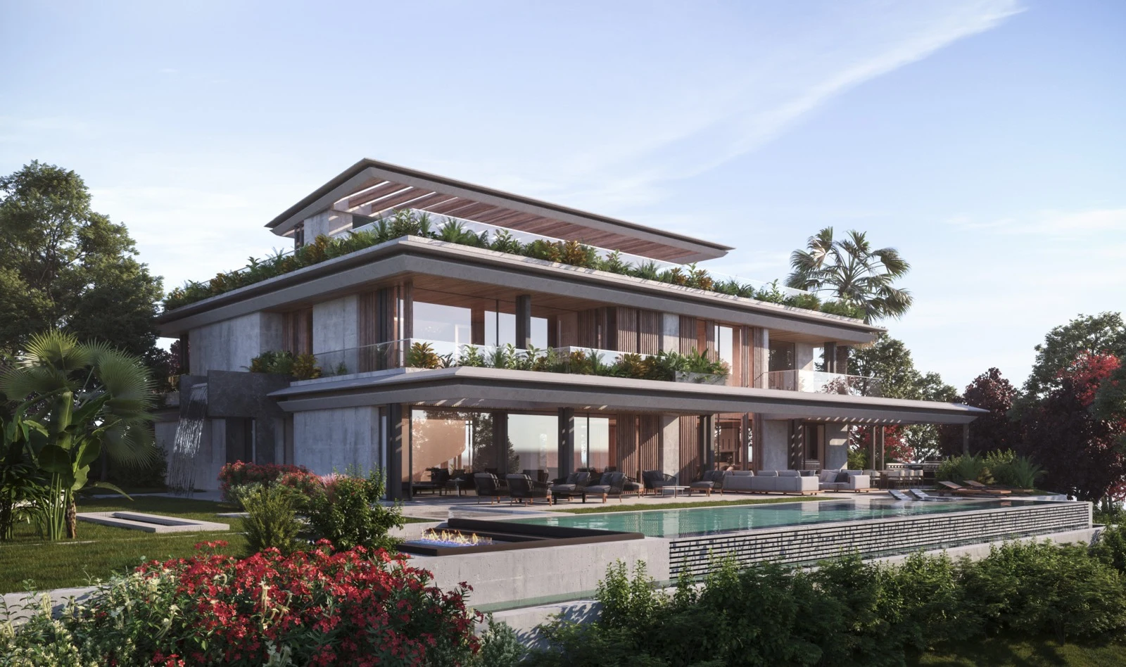 Architectural visualisation of the proposed villa and landscaped garden in Nagueles