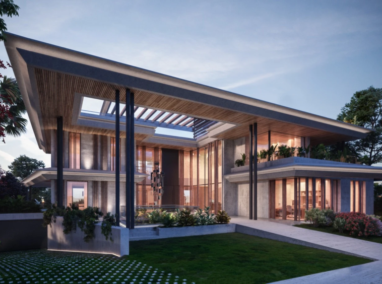 Architectural visualisation of the proposed villa exterior at dusk