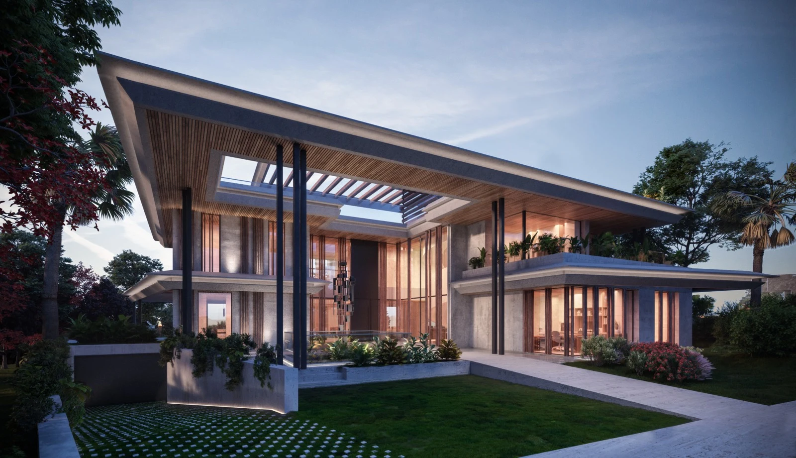 Architectural visualisation of the proposed villa exterior at dusk