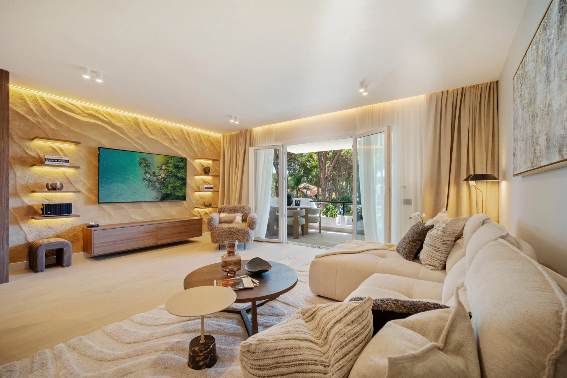 Renovated living room in a three-bedroom apartment on the New Golden Mile