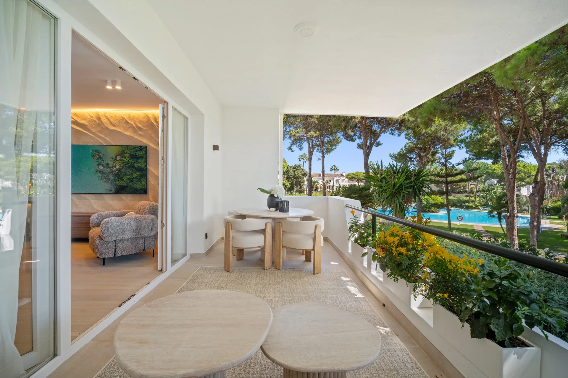 Covered terrace overlooking landscaped communal gardens