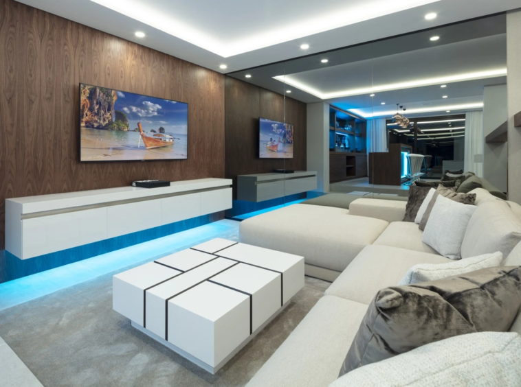 Lower-level lounge and entertainment area