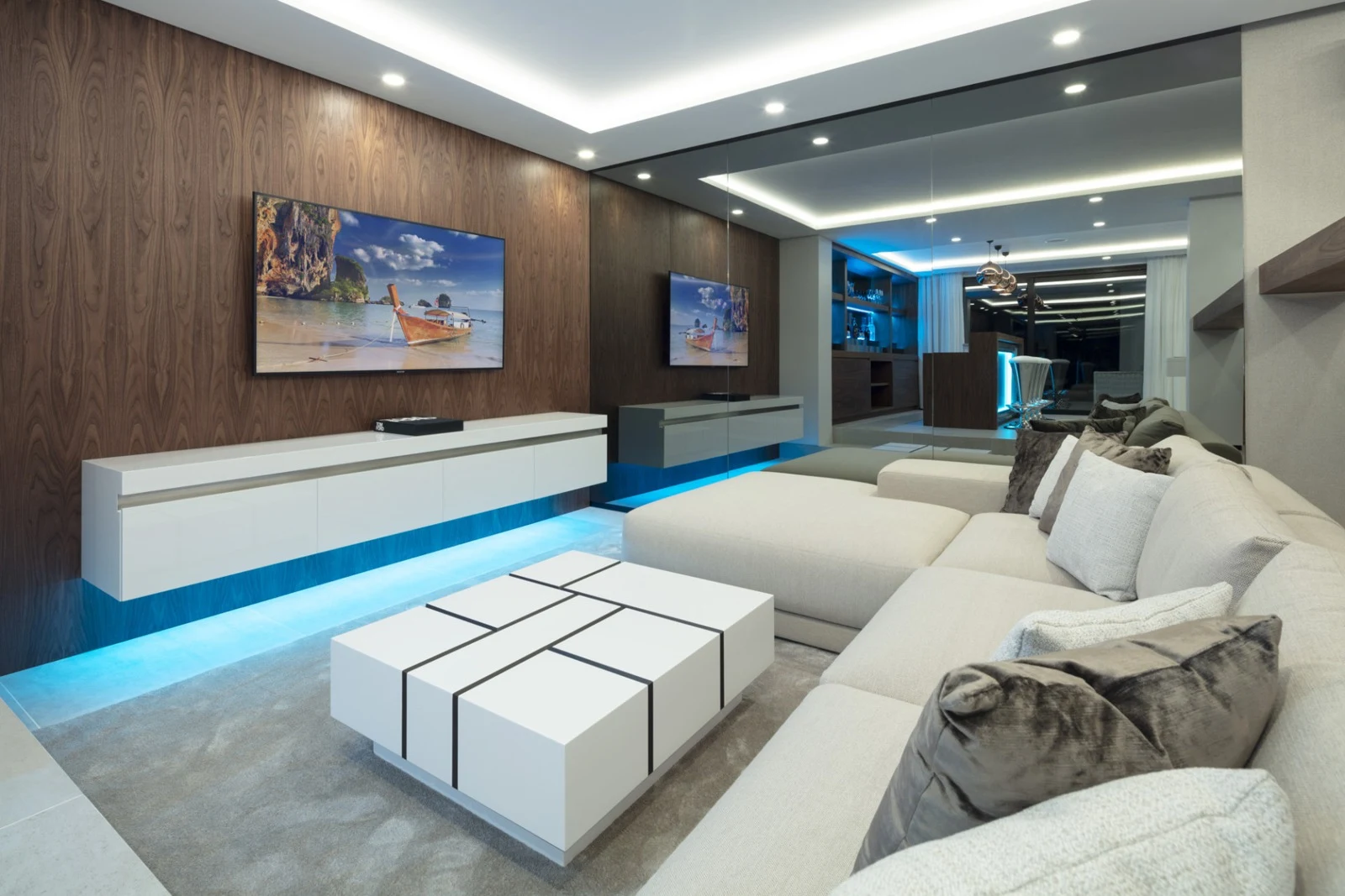 Lower-level lounge and entertainment area
