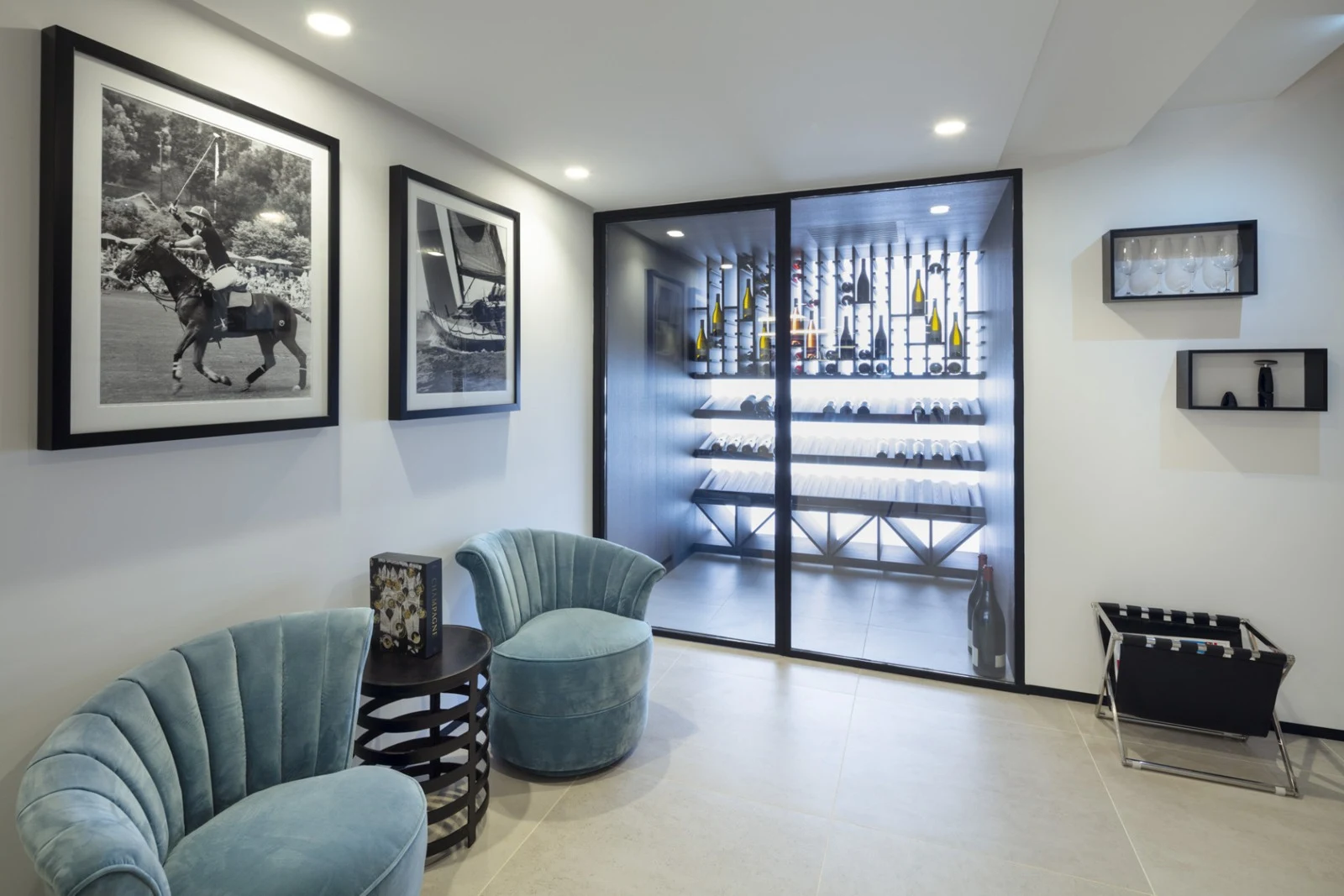 Wine display and storage area beside a seating nook