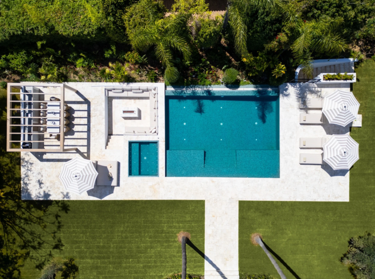 Aerial view of the swimming pool and outdoor dining pavilion