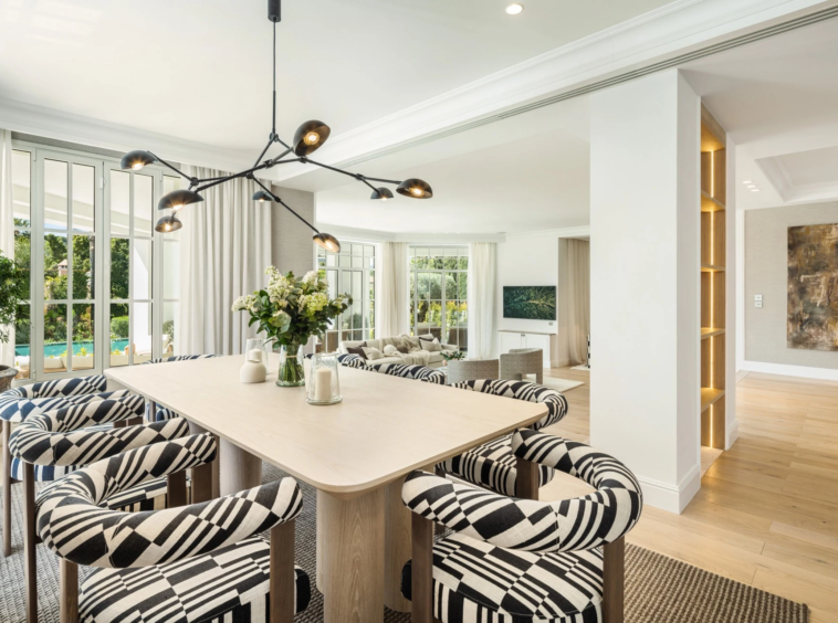 Dining area with large windows and contemporary furnishings