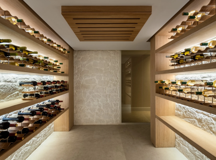 Wine storage room with display shelves