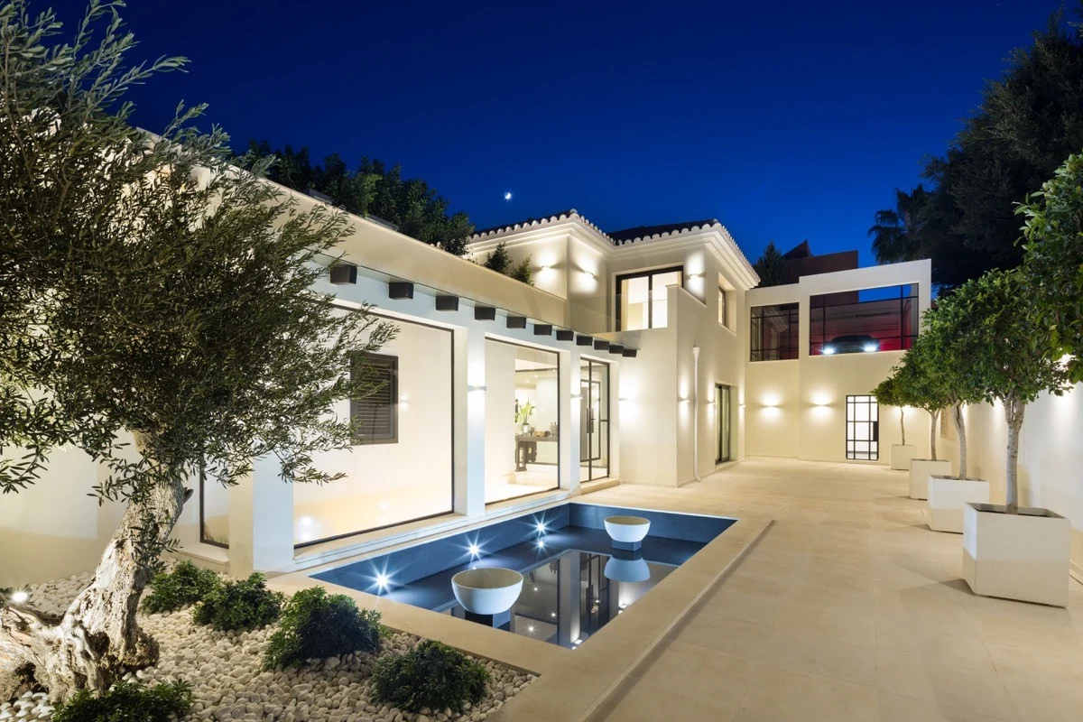 Villa courtyard at night