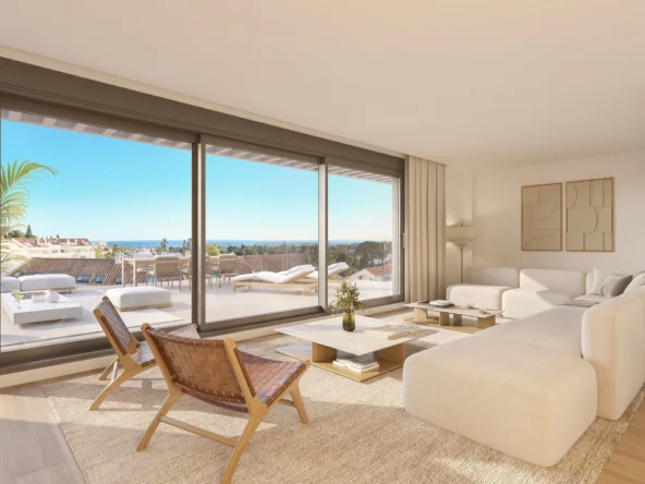 Representative penthouse living room with large windows