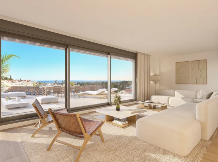 Representative penthouse living room with large windows