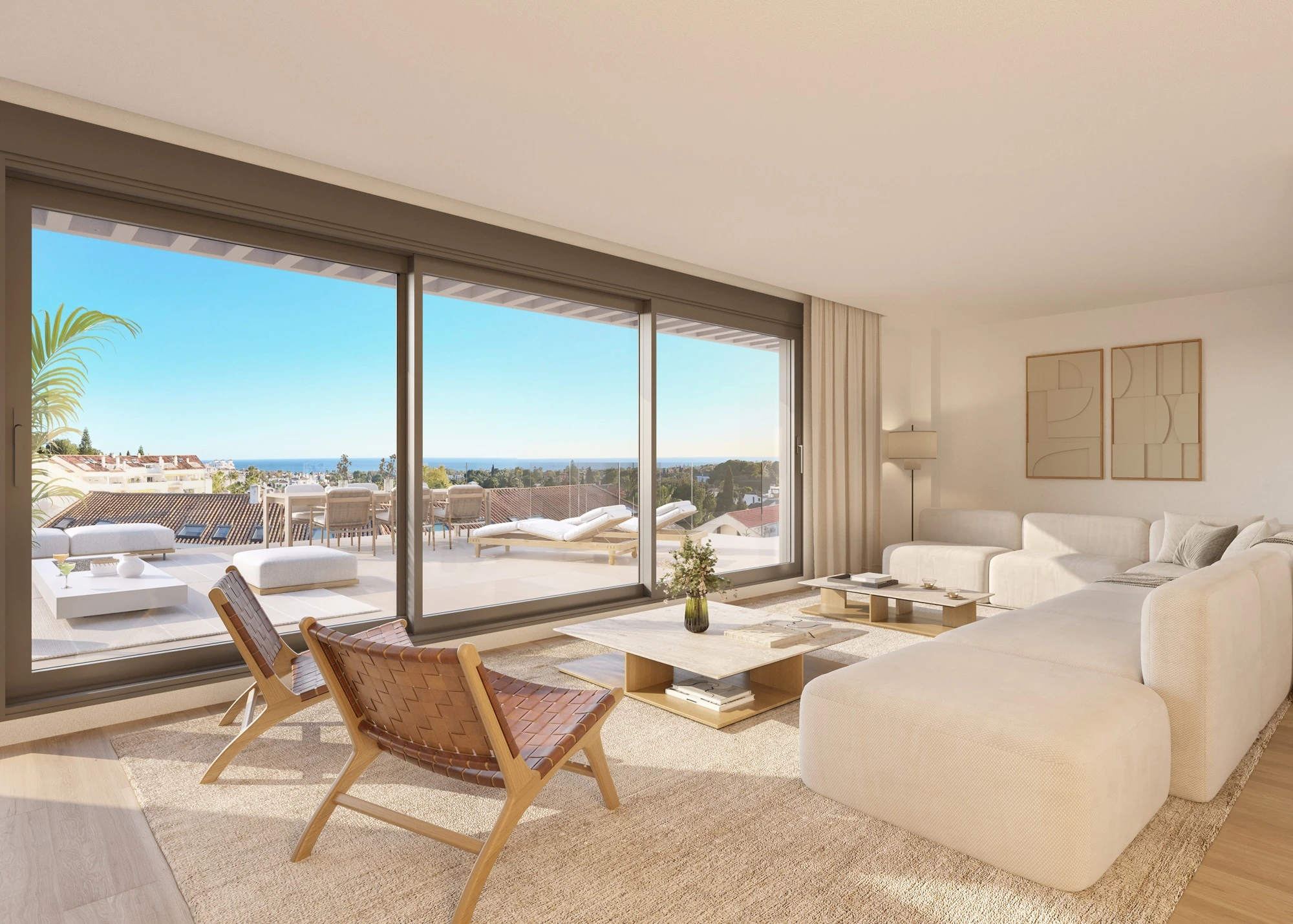 Representative penthouse living room with large windows