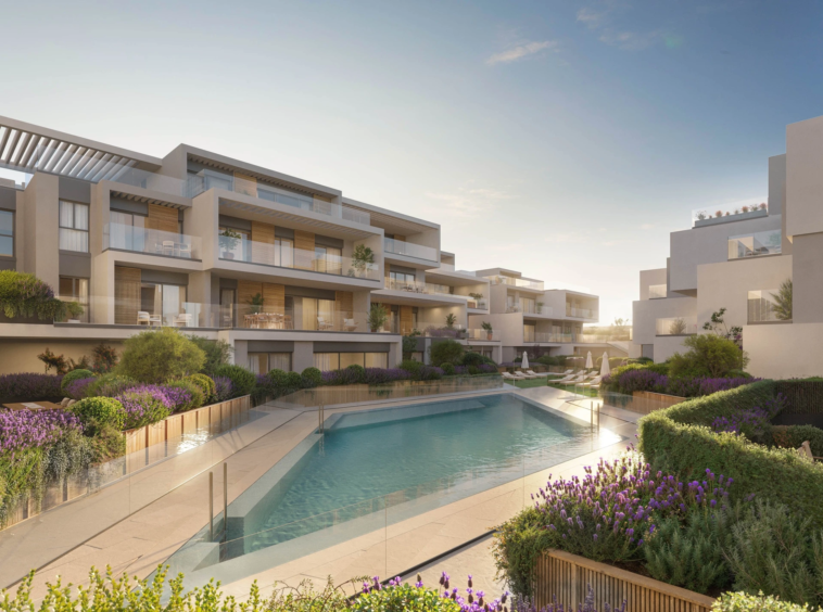 Shared outdoor swimming pool and landscaped gardens