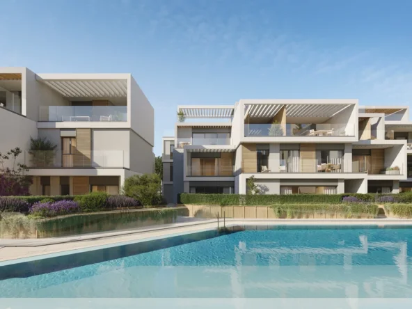 Illustrative residential facades beside the communal pool