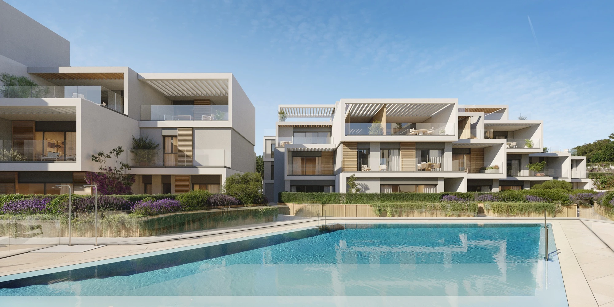 Illustrative residential facades beside the communal pool