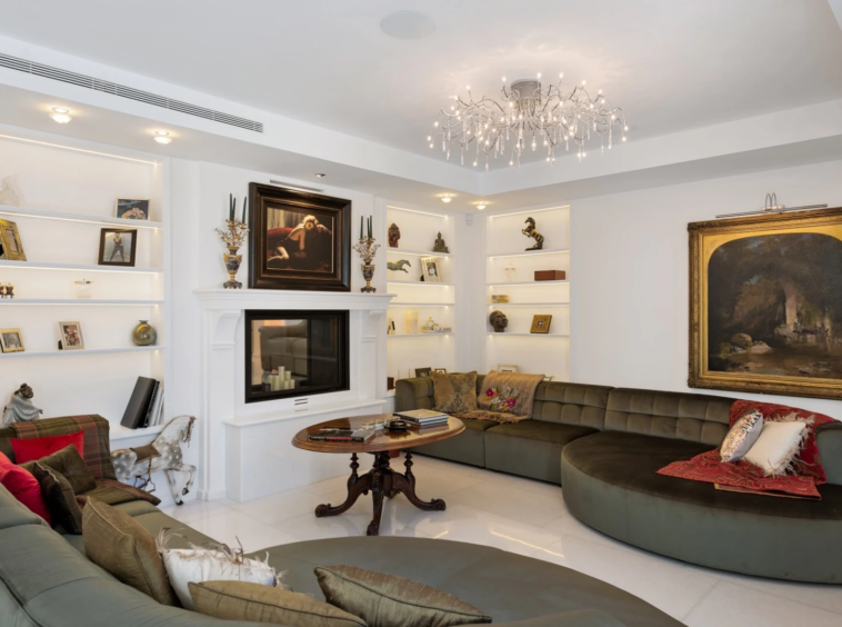 Living room with fireplace and curved sofas