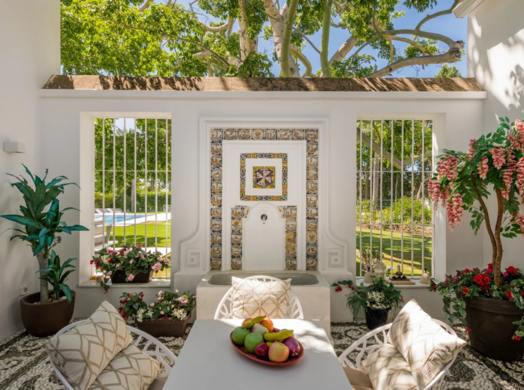 Tiled courtyard with a decorative fountain and climbing plants