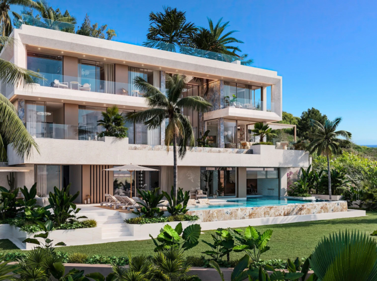 Illustrative terraces and private pool at a Nueva Andalucia villa