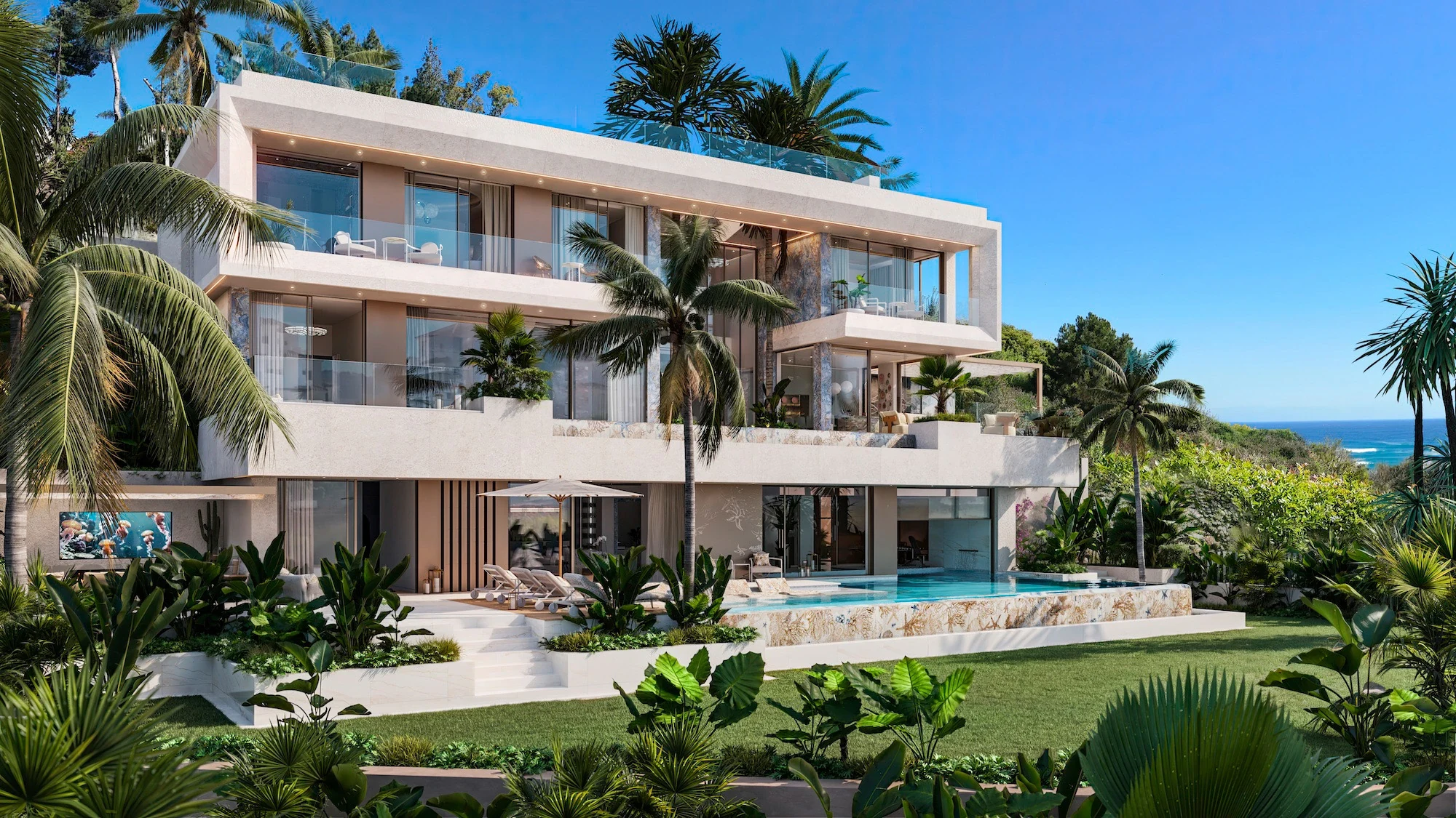 Illustrative terraces and private pool at a Nueva Andalucia villa