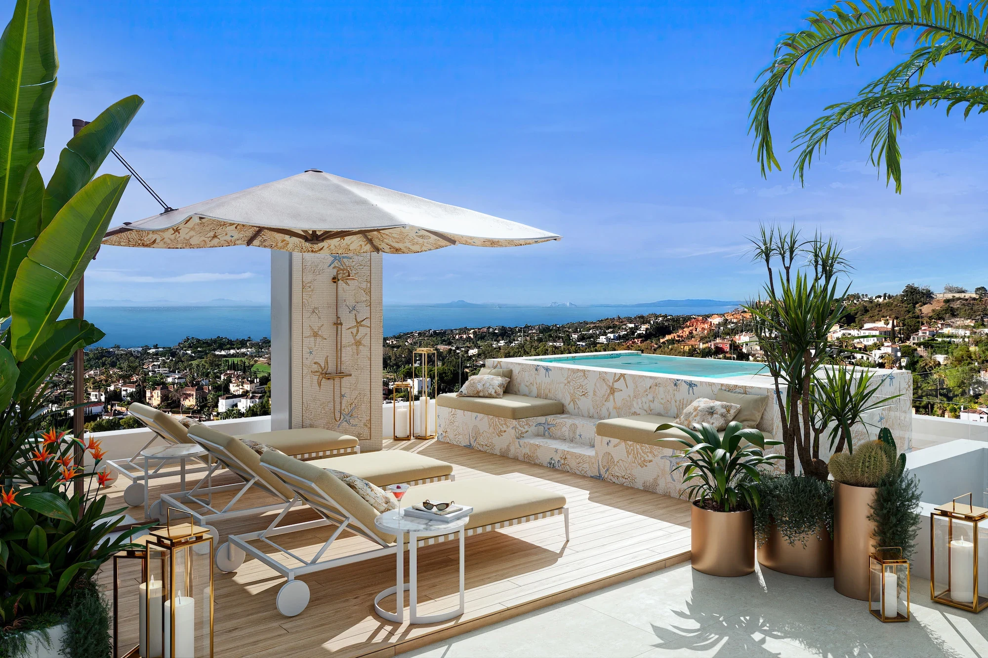Illustrative rooftop pool and sea views