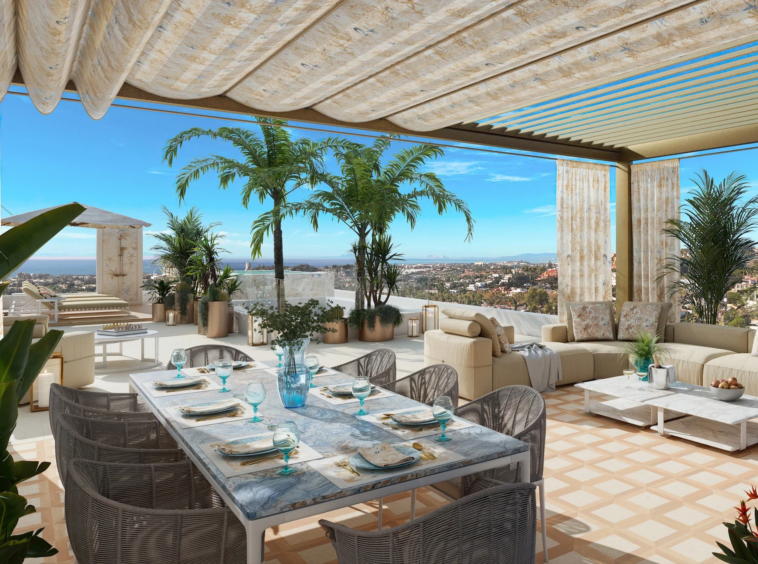 Illustrative rooftop dining terrace with sea views
