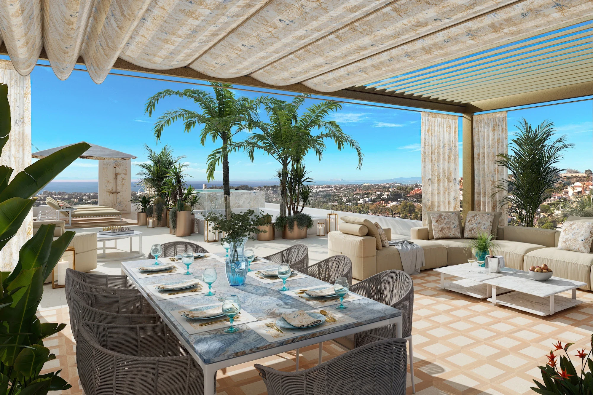 Illustrative rooftop dining terrace with sea views