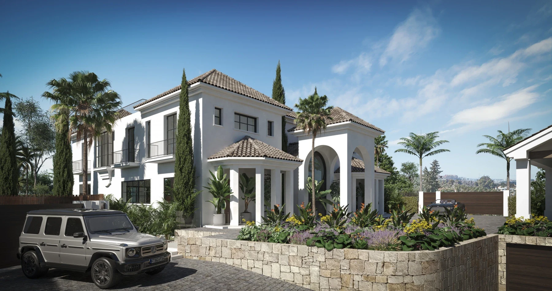 Proposed front entrance and driveway in Nueva Andalucia – architectural visualisation