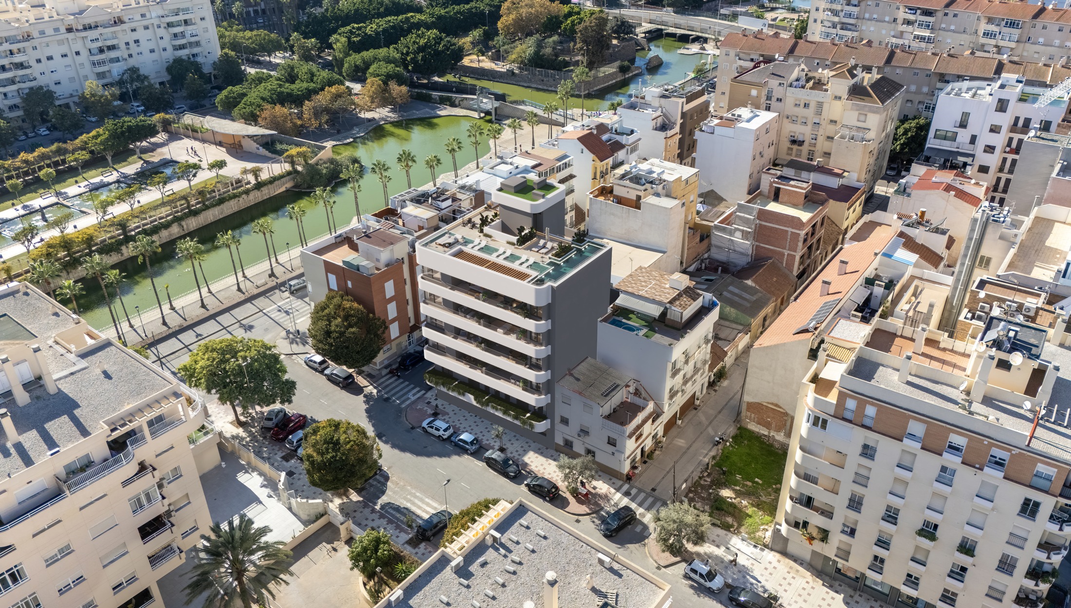 Architectural aerial visualisation near Parque del Oeste in Malaga