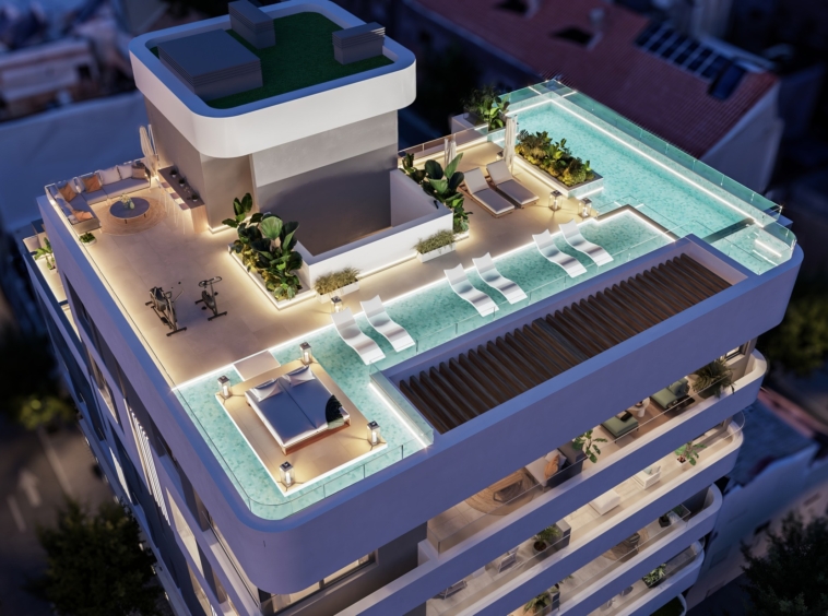Visualisation of the shared rooftop pool at night
