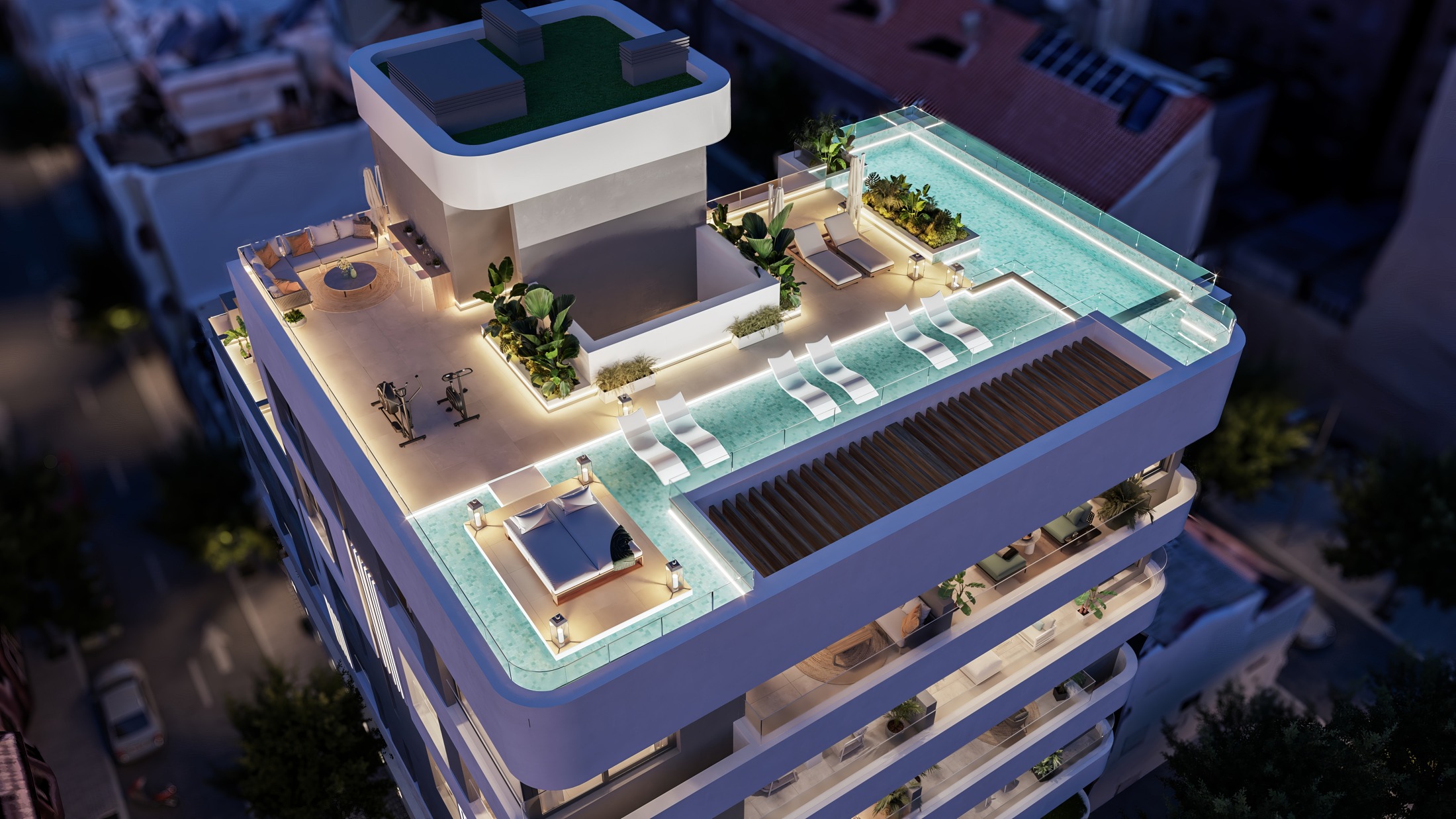 Visualisation of the shared rooftop pool at night
