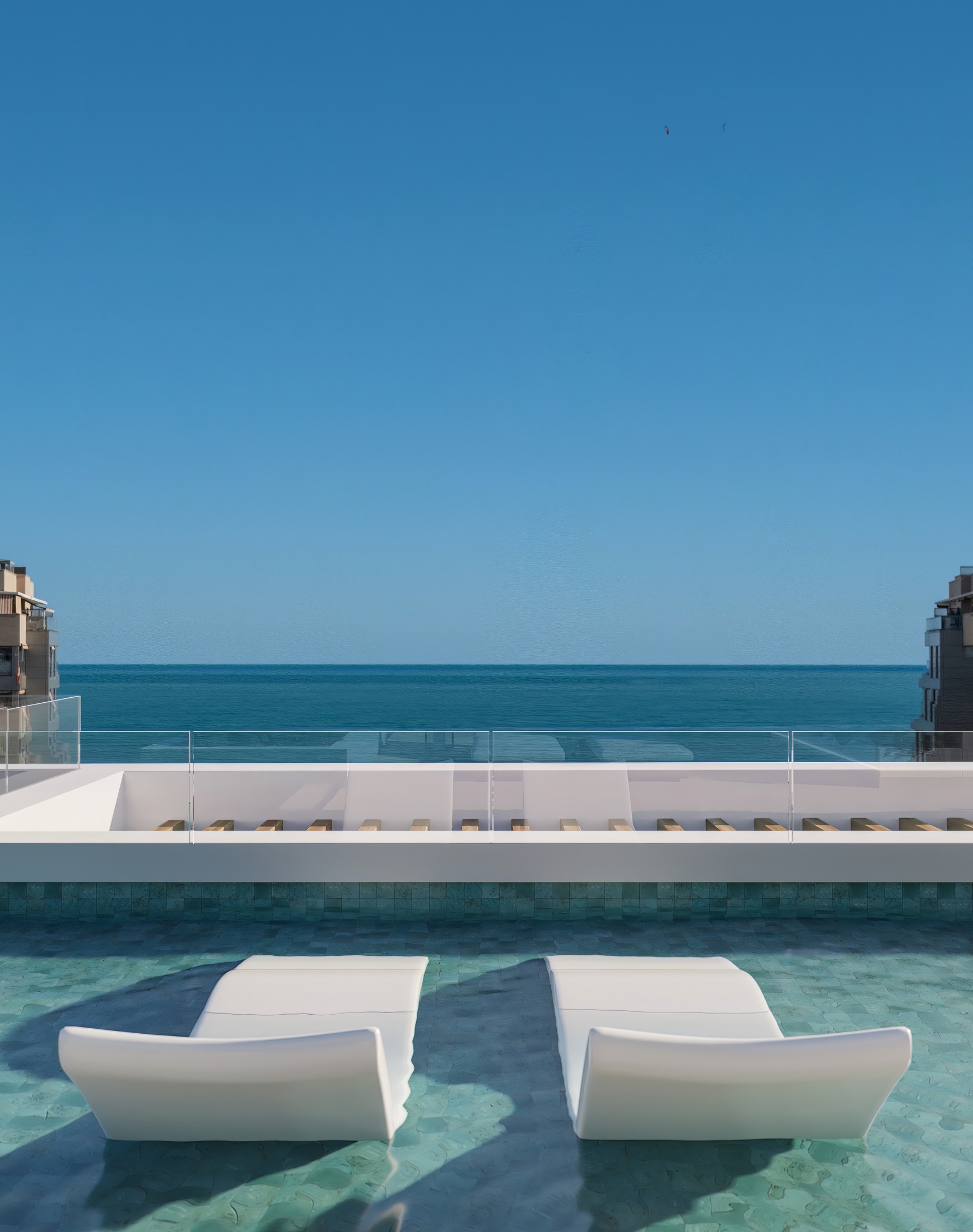Visualisation of loungers in the shared rooftop pool