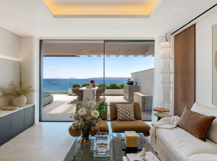 Open-plan living room with sea views
