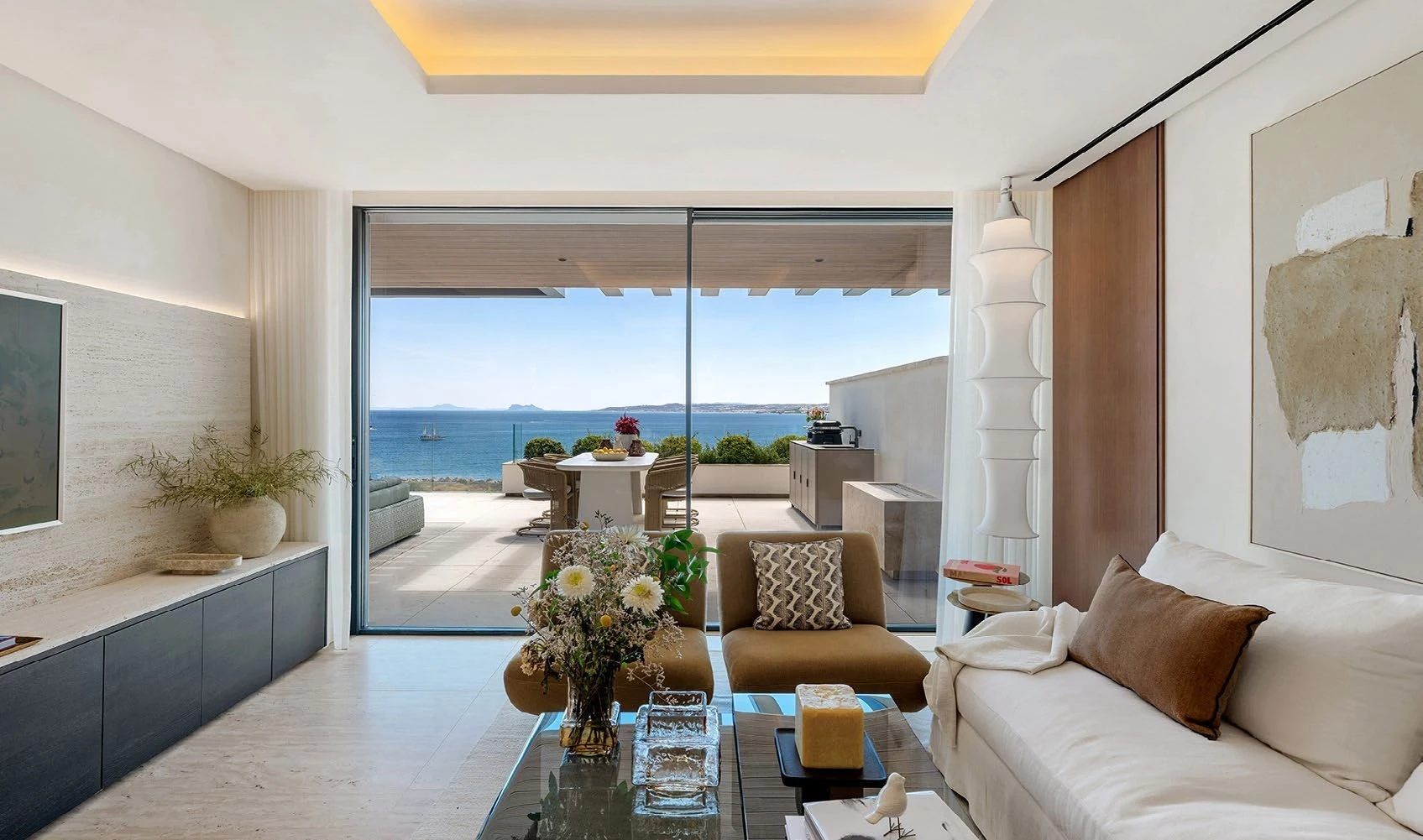 Open-plan living room with sea views