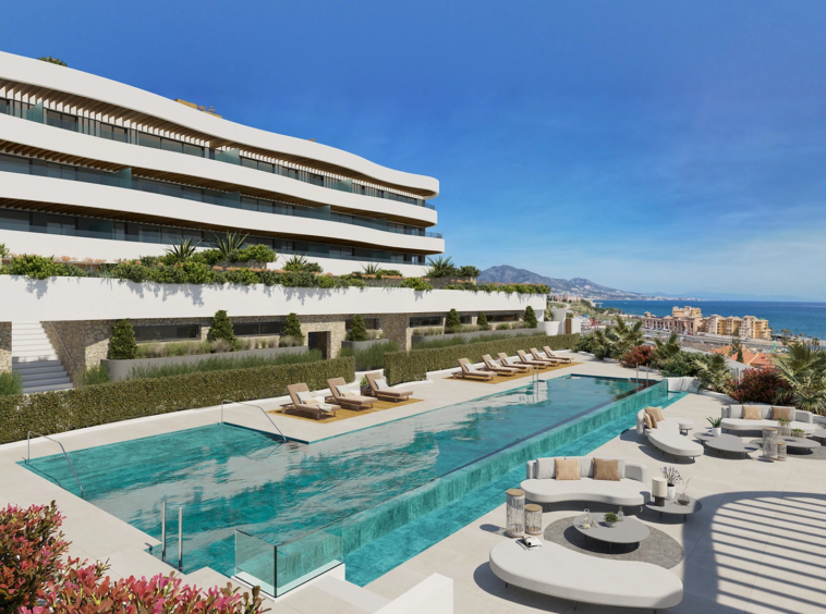 Illustrative communal pool and sea views in Mijas Costa
