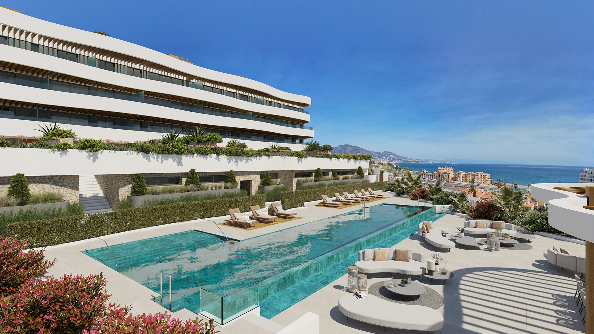 Illustrative communal pool and sea views in Mijas Costa