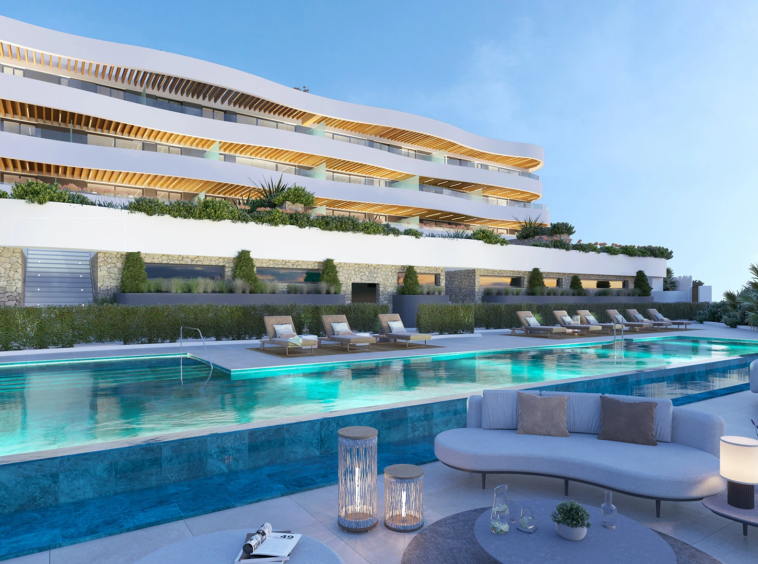 Representative contemporary facade and communal pool