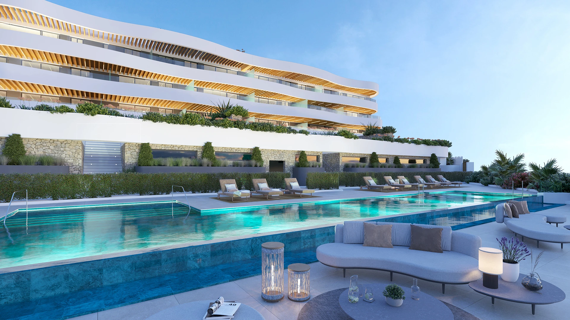 Representative contemporary facade and communal pool