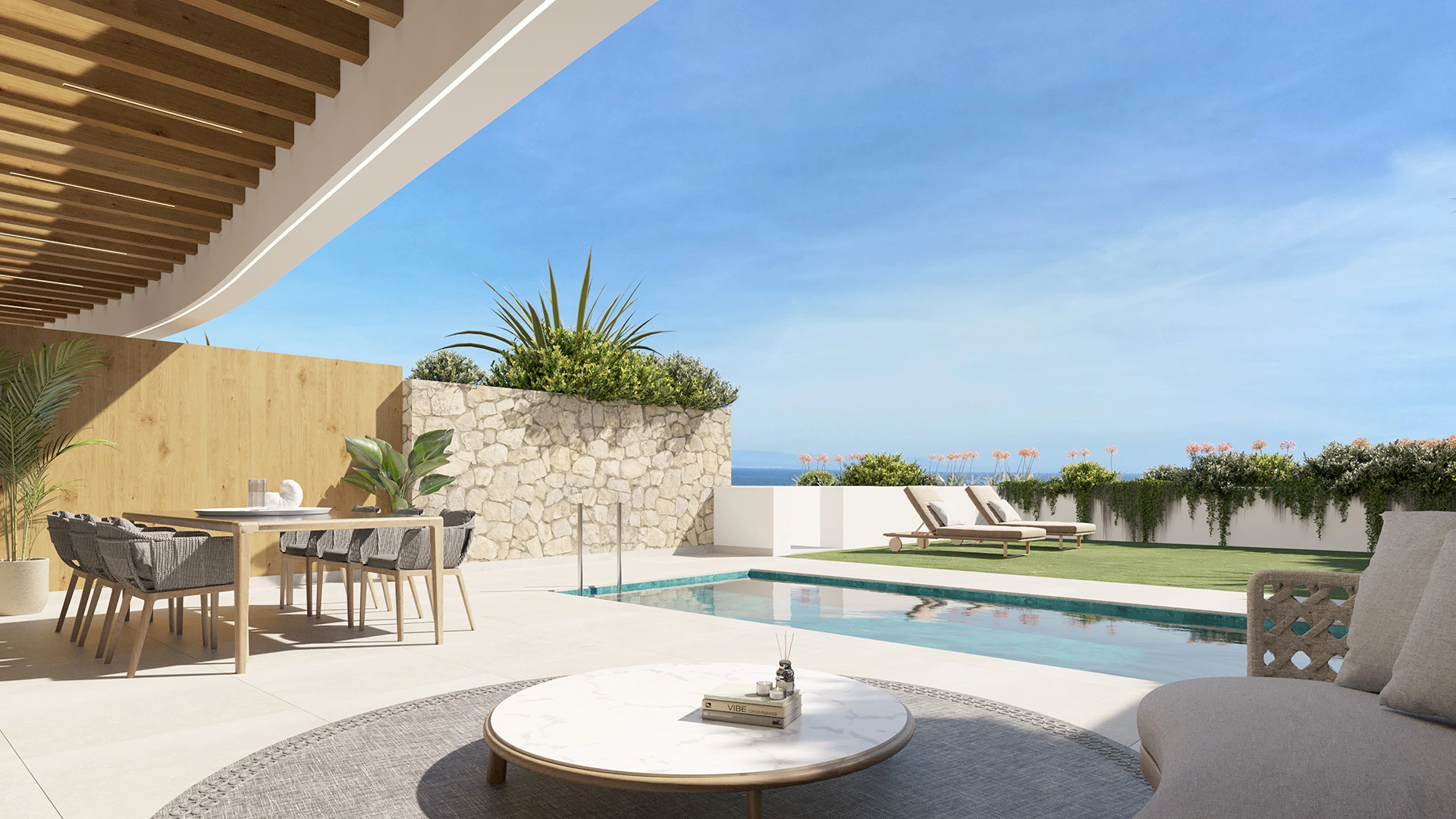 Illustrative ground-floor terrace beside a private pool