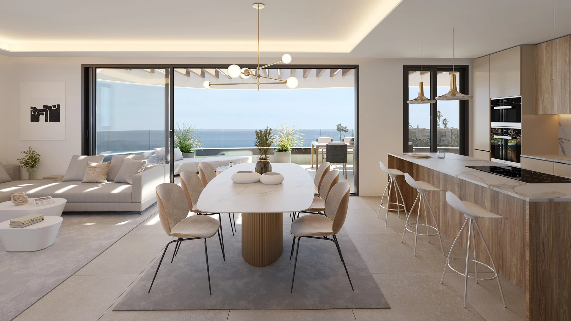 Representative fitted kitchen and dining space with sea views
