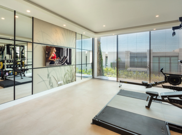 Private gym with mirrored wall and floor-to-ceiling glazing