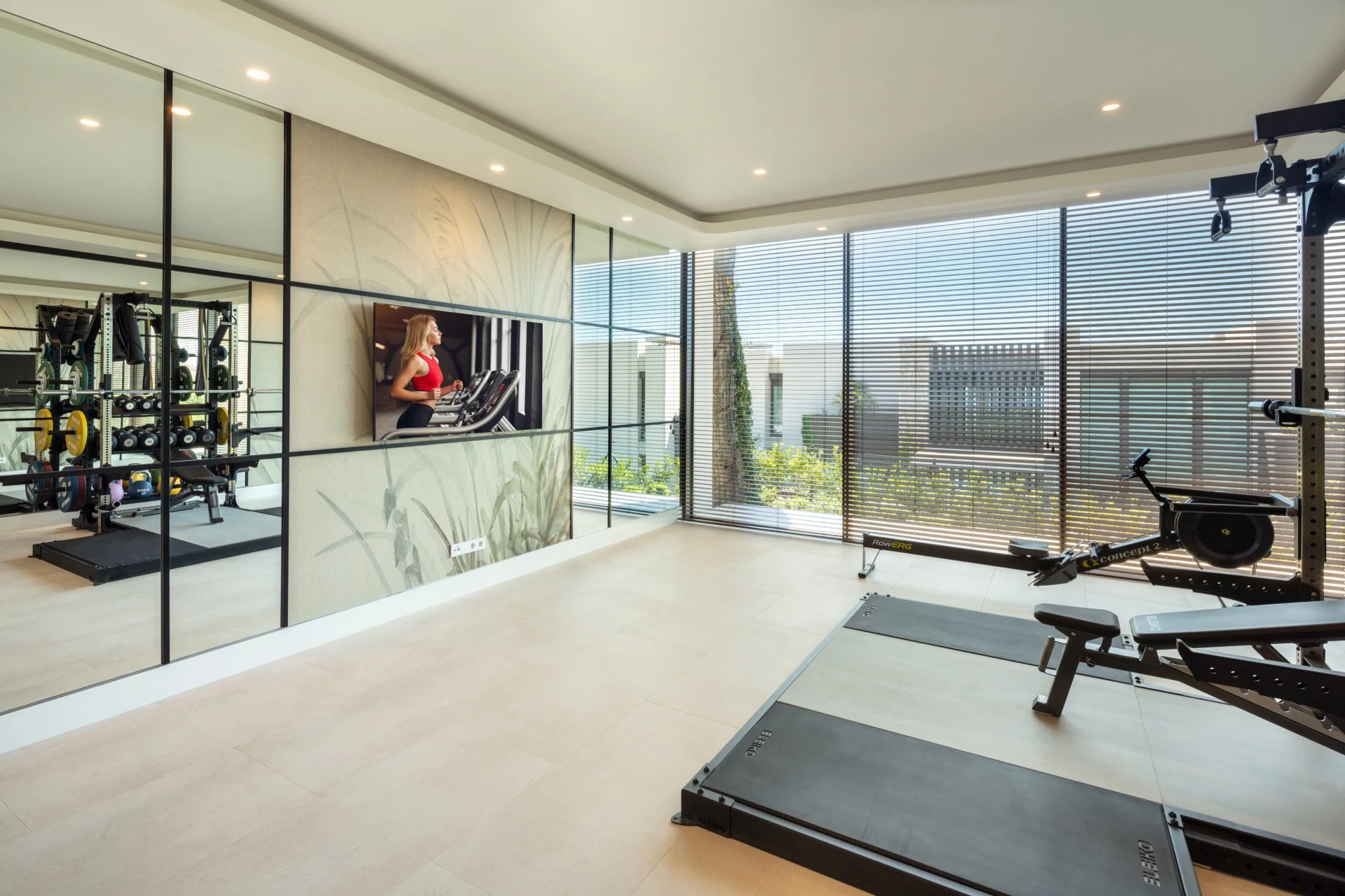 Private gym with mirrored wall and floor-to-ceiling glazing
