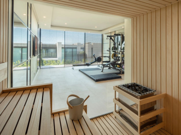 Timber sauna overlooking the adjoining gym