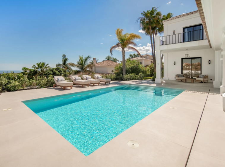 Pool terrace and Mediterranean outlook beside the villa